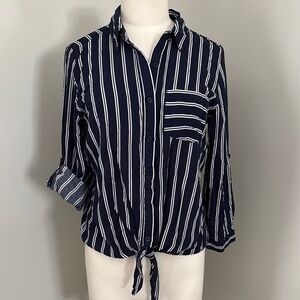 Grand & Greene Striped Navy Button-Up Tie Front Blouse Sz S